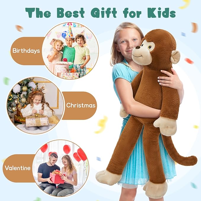Tezituor 3.2lb Monkey Stuffed Animal Plush Toy, 39.5in Giant Long-Legged Monkey Plushies, Huggable Pillow Birthday Gifts Home Decor for Kids & Adults