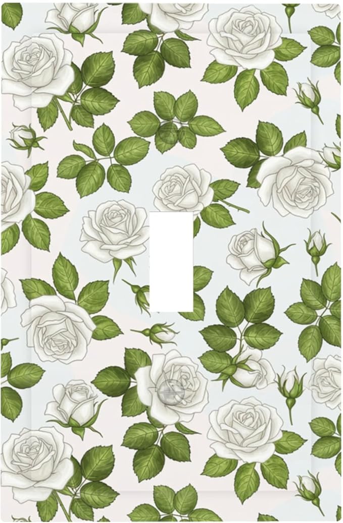 Elegant White Roses & Green Leaves Floral 1-Gang Toggle Light Switch Plate, Timeless Rose Garden Decorative Wall Plate for Bathroom Bedroom Vanity