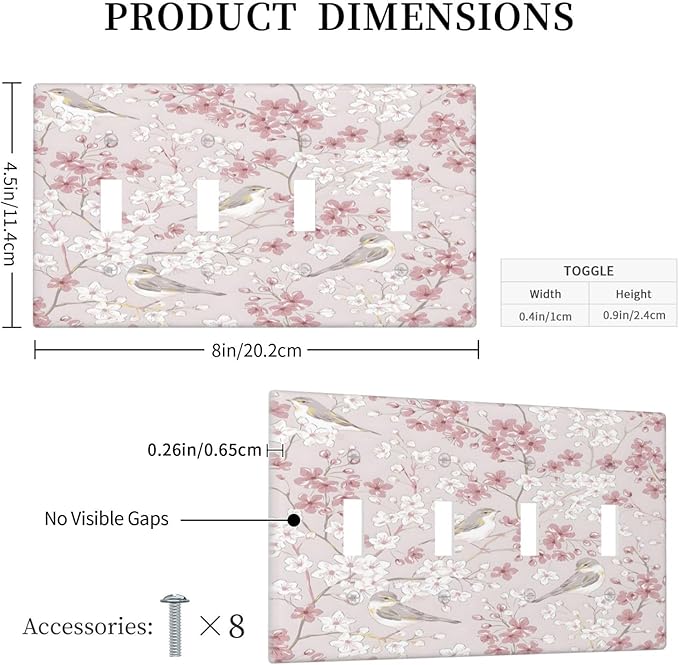 Pink Sakura Cherry Blossom Vintage Bird Floral Flower Light Switch Covers Quad Toggle Electrical Faceplate 4 Gang Wall Plate Decorative Switch Plates Cover for Bedroom Living Room Decor