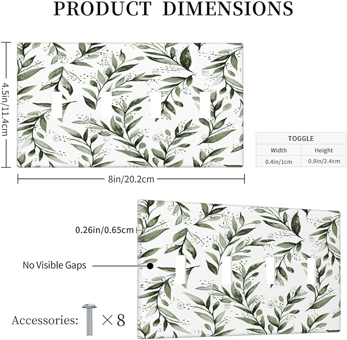 Green Leaf Olive Leaf Sage Floral Light Switch Covers Quad Toggle Electrical Faceplate 4 Gang Wall Plate Decorative Switch Plates Cover for Bedroom Living Room Decor