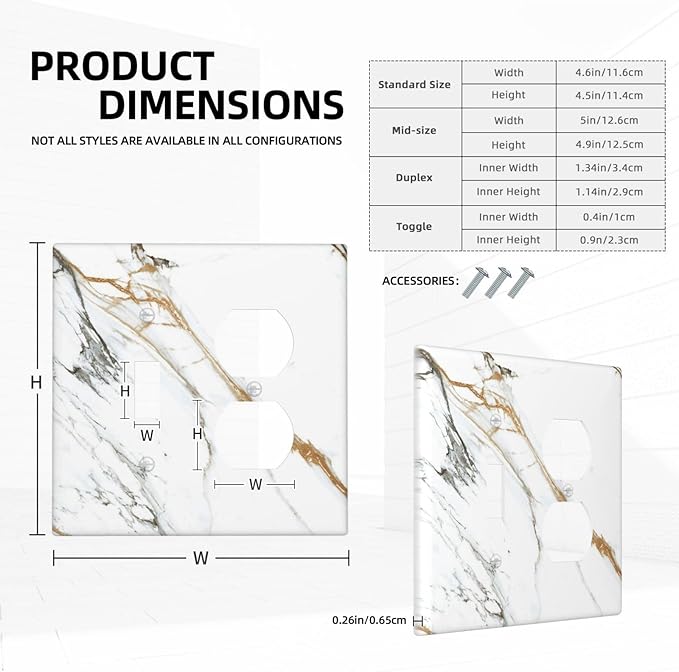 White Gold Marble Modern Abstract Luxury Print Wallplates 1 Toggle 1 Duplex Switch Plate Electrical GFCI Faceplate Decorative Light Switch Covers for Bathroom Kitchen Decor
