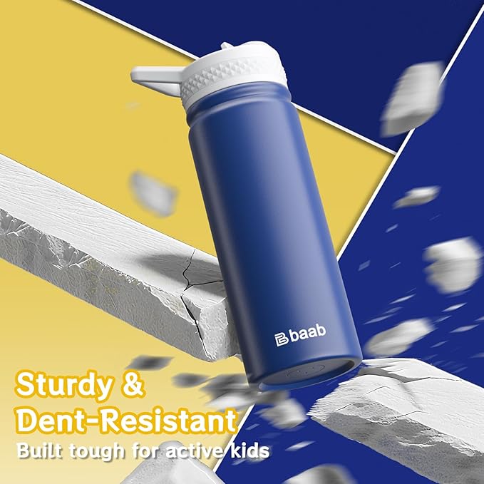 baab 18oz Kids Water Bottle, Insulated Water Bottle with Straw & Stickers, 18/8 Stainless Steel Vacuum Leakproof Kids Water Straw Cup for School, Perfect for Boy Girl (Navy Blue+Pink, 2 Pack)