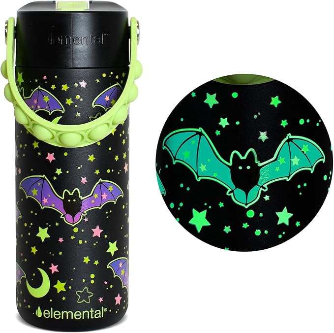 Elemental Insulated Kids Water Bottle, Stainless Steel Water Bottle with Straw Lid & Pop-It Handle, Leak-Proof Water Bottles for School, Boys or Girls, Travelling and Sports, 18oz - Glow Bats
