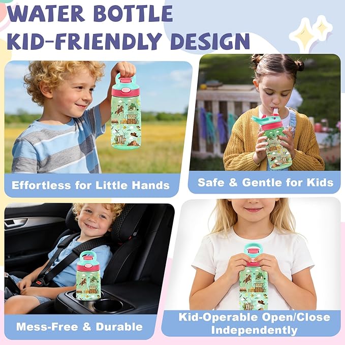 14oz Kids Water Bottle with Straw Lid - Cowboy Water Bottles for Kids, Leakproof, Lightweight, Durable Plastic Bottles for School Travel, Pop-Up Straw Cover, Gift Cup for Boys Girls(Cowboy)