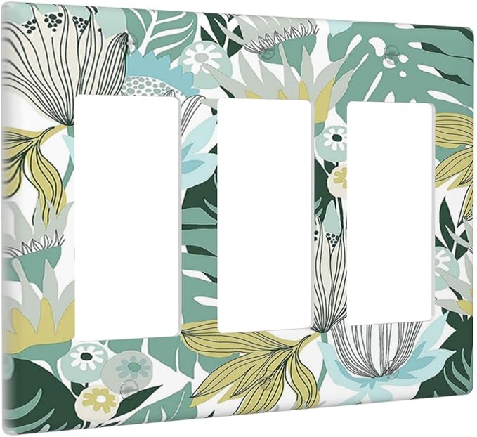 Retro Tropical Leaves 3 Gang Wall Plate Triple Rocker Light Switch Cover Decorative Switch Plates Outlet Covers Electrical GFCI Faceplate for Bedroom Bathroom Kitchen Art Decor Accessories