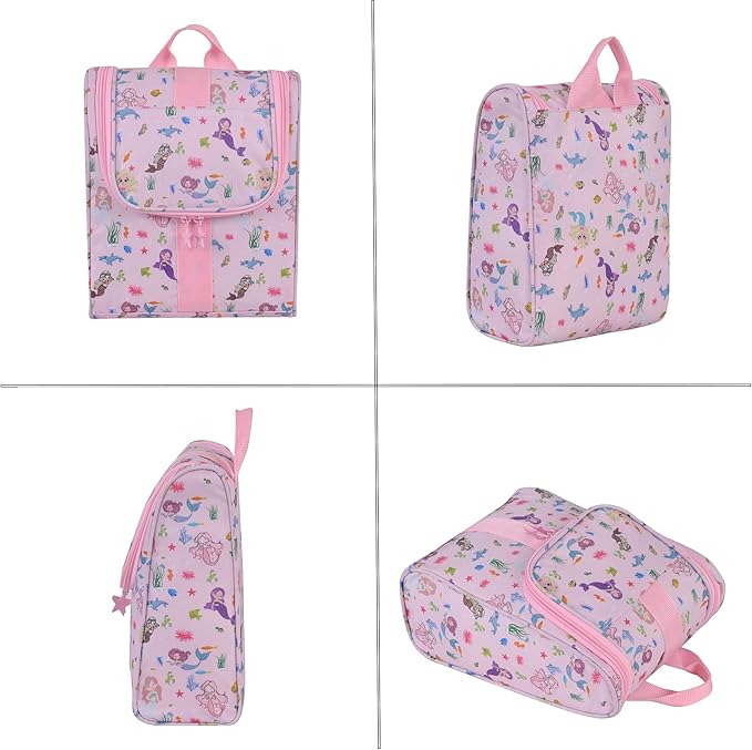 Remobia Hicol Cute Cartoon Hanging Kids Toiletry Bag Children Travel Cosmetic Makeup Organizer Wash Bag Shower bag Over Night Bag Camping Shaving Kit Bag for Boys & Girls (Mermaid Pink)
