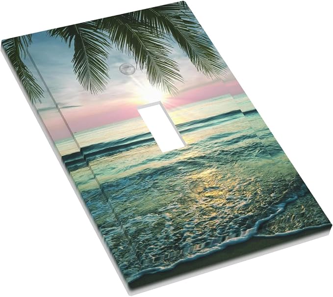 Tropical Beach Sunset 1-Gang Toggle Light Switch Plate, Palm Fringe Ocean View Decorative Wall Plate for Pool Beach House Decor