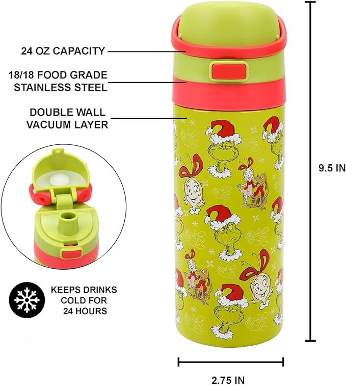 The Grinch & Cindy-Lou Who All-Over Print Green 24 Oz Stainless Steel Water Bottle