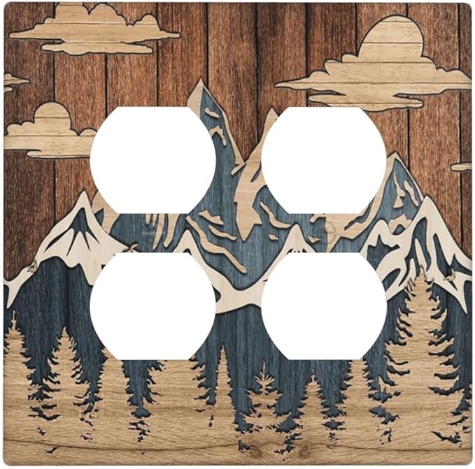 Blue Mountain Range Forest Nature Wilderness Wood Texture Outlet Covers 2 Gang Double Duplex Decorative Light Switch Covers Electrical Wallplates Socket Faceplate for Farmhouse Home Decor