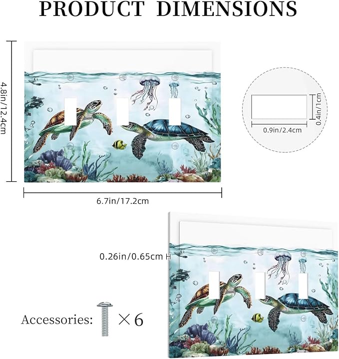 Sea Turtles Sea Coral Seaweed Ocean Jellyfish Decorative Switch Plates 3 Gang Wall Plate Triple Toggle Light Switch Cover Faceplate Electrical Wall Panels for Kids Room Bathroom Decor