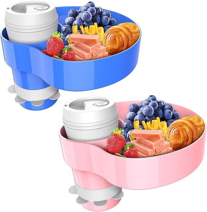 [2 Packs] Kids Car Seat Tray, Travel Tray with Cup Holder for Toddler, Kids Car Seat Food Snack Tray for Road Trip, Stroller snack tray travel must haves - Pink Color+Blue Color