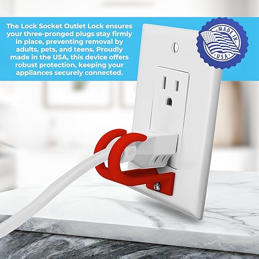 Lock Socket 3 Prong Outlet Lock -RED - Anti Theft Locking Device to Secure Three Pronged Plugs to The Outlet with a Security Screw.Way to Prevent Unplugging. Made in USA