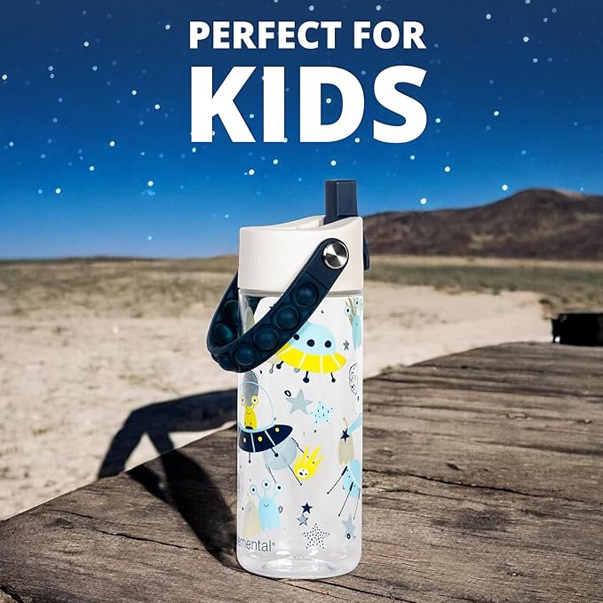 Elemental Water Bottles for Kids - Splash Kids Water Bottle for School with Pop-it Handle - BPA Free Tritan Plastic Water Bottle with Straw Leak Proof when Spout is Closed - Alien Invasion - 18oz