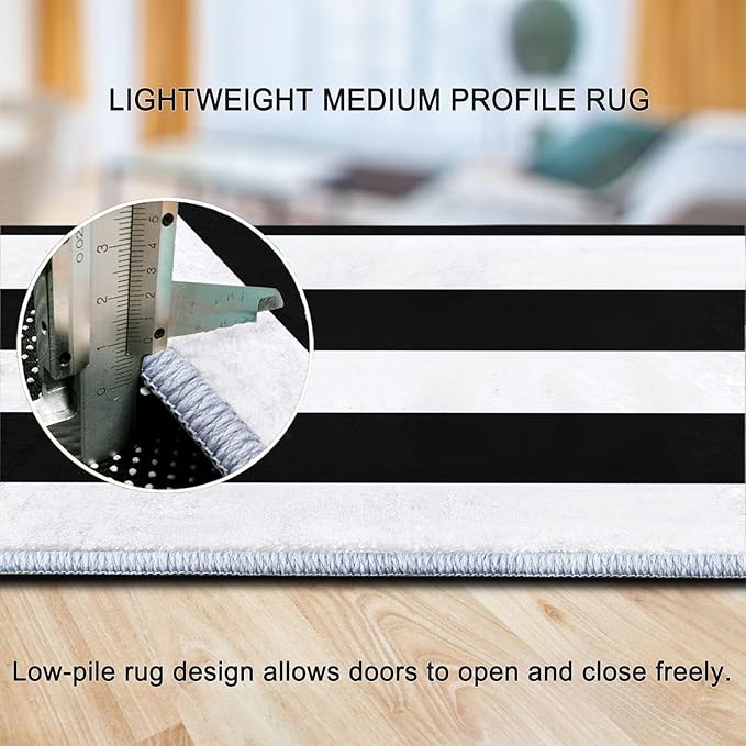 Black and White Area Rugs 6 x 9 ft Non-Slip Foldable Machine Washable Rug, Geometric Horizontal Stripes Low-Pile Comfy Fluffy Floormat for Various Scenes Home Decor Aesthetic