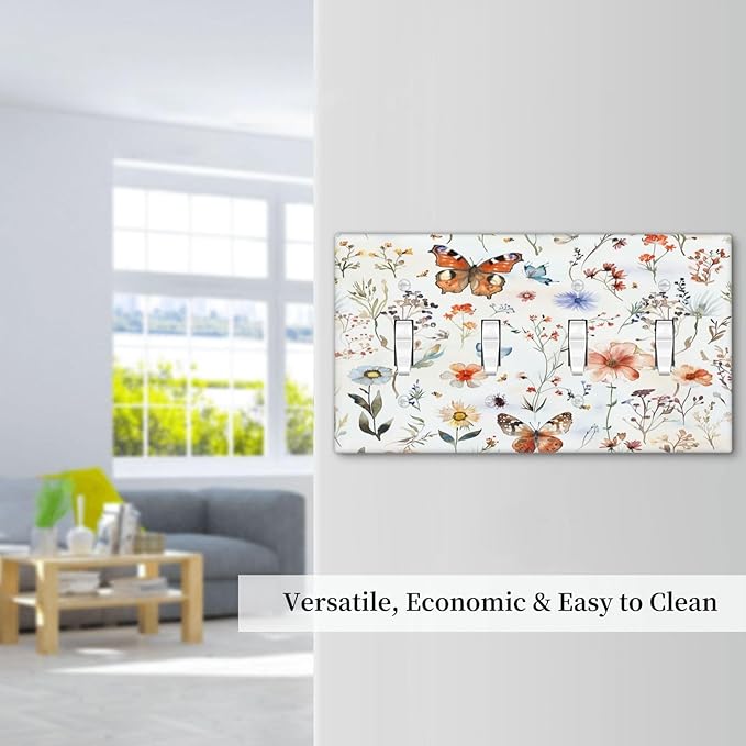 Light Switch Covers Butterfly Floral Boho Multicolor Flower Leave Quad Toggle Electrical Faceplate 4 Gang Wall Plate Decorative Switch Plates for Bed Room living Room Decor