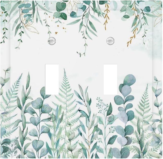 Boho Green Eucalyptus Leaf Floral Sage Flower Decorative Switch Plates 2 Gang Double Toggle Outlet Light Switch Cover Wall Plate Electrical Faceplate for Bedroom Living Room Decor