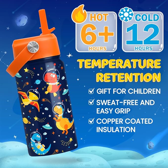 Kids Water Bottle with Straw Lid - 12 Oz Insulated Stainless Steel Dinosaur Water Bottles for Kid Boys - Travel Cup for School Sports
