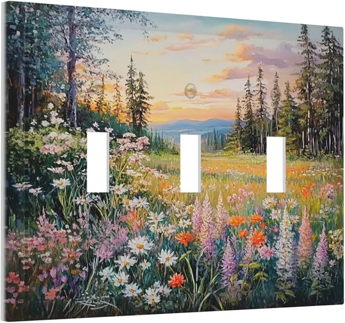 Decorative Switch Plates Floral Landscape Rustic Nature Wildflower 3 Gang Wall Plate Triple Toggle Light Switch Cover Faceplate Electrical Wall Panels For Bed Room Living Room Decor
