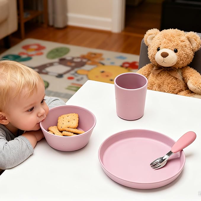 Complete tableware set, 6 pieces, water cups, dinner plates, divided dinner plates, bowls, spoons, and forks. (Purple)