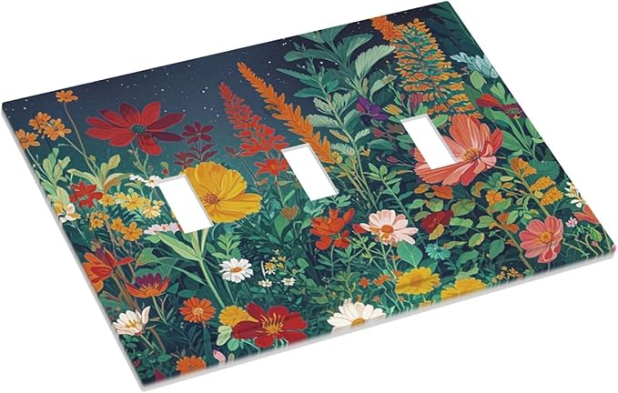 Decorative Switch Plate Cover with Wildflowers & Stars Botanical Floral Art Design 3 Gang Artistic Wall Plate Unique Triple Toggle Light Switch Covers for Garden Theme Wall Decor