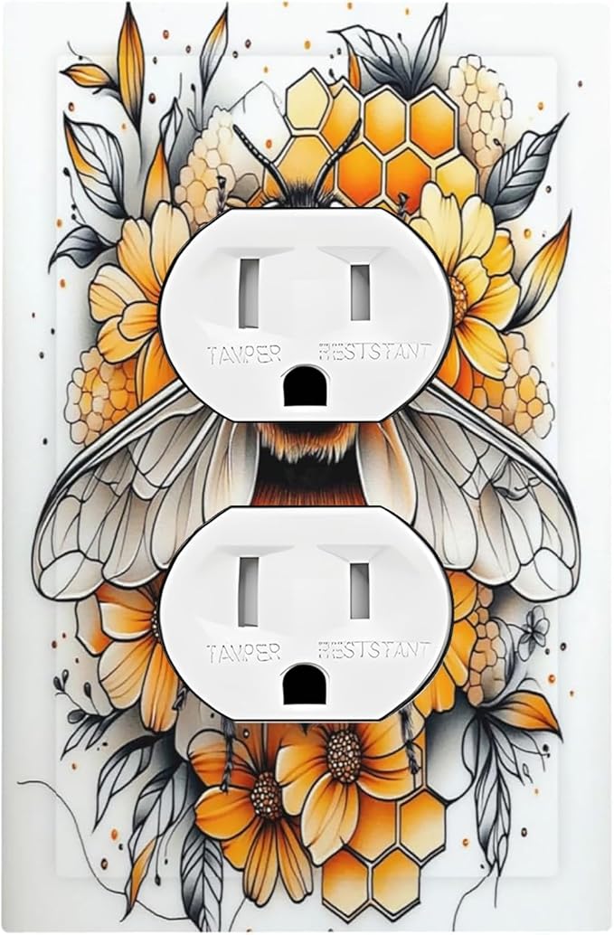 Outlet Covers Bee Honeycomb Flowers Plant Leaves 1 Gang Duplex Light Switch Cover Decorative Switch Plates Electrical Receptacle Faceplate Wall Plate For Nursery Kids Room Decor