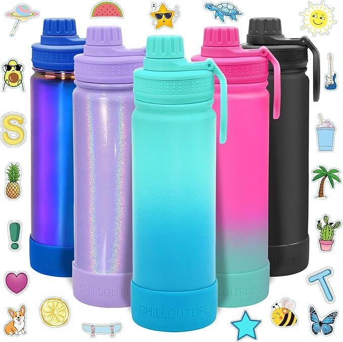 CHILLOUT LIFE 22 oz Kids Insulated Water Bottle for School with Leakproof Spout Lid and Cute Waterproof Stickers, Personalized Stainless Steel Thermos Flask Metal Water Bottle, Ocean Blue