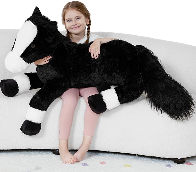 Tezituor 4ft Giant Black Horse Stuffed Animal, Realistic 47 inch Large Stuffed Horse Plush Toy for Boys Girls, Hugging Soft Pony Body Pillow Birthday Gift for Boys Girls