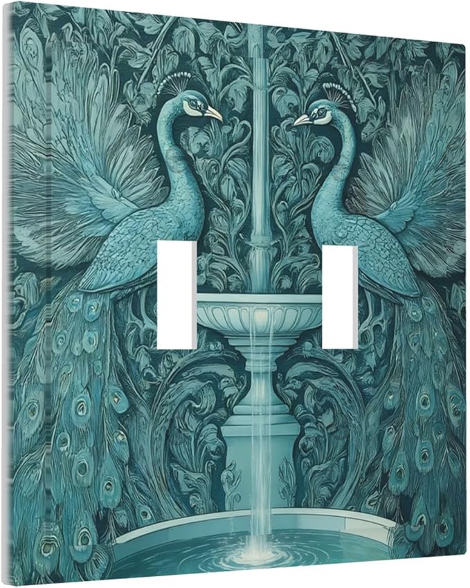 Art Nouveau Peacocks & Fountain in Teal Garden Double Toggle Switch Cover - 2-Gang Standard US Size Elegant Garden Escape Light Switch Covers for Living Room Decor