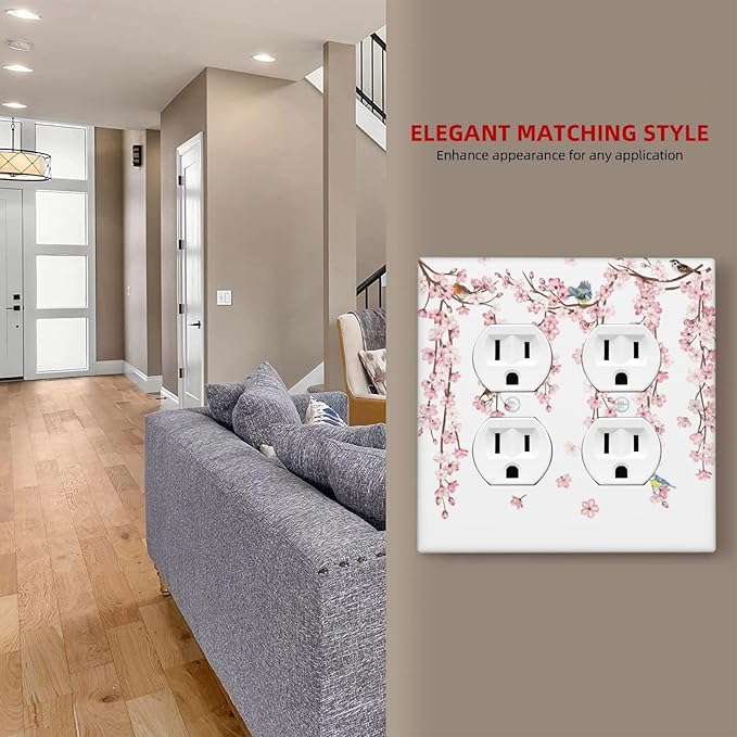 Pink Cherry Blossom Flower Vine Floral Tree Branch Birds Outlet Covers 2 Gang Double Duplex Decorative Light Switch Covers Electrical Wallplates Socket Faceplate for Bedroom Living Room Decor