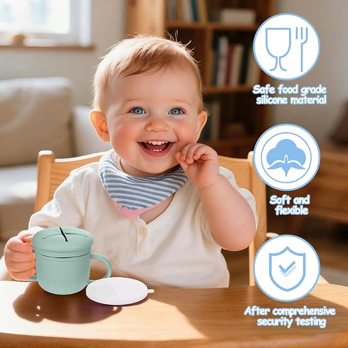 Mity rain 2-Pack Stainless Steel Snack Containers, 4-in-1 Spill proof Snack Cups With Silicone Lid and Handle, Dishwasher Safe Travel Snack Containers for Kids and Infants (Green + Blue)
