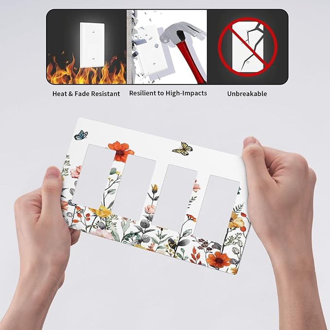 Colorful Butterfly Blossom Flower Floral 4 Gang Quad Rocker Light Switch Cover Decorative Quadruple Device GFCI/Decorator Wall Plate Electric Faceplate Screwless