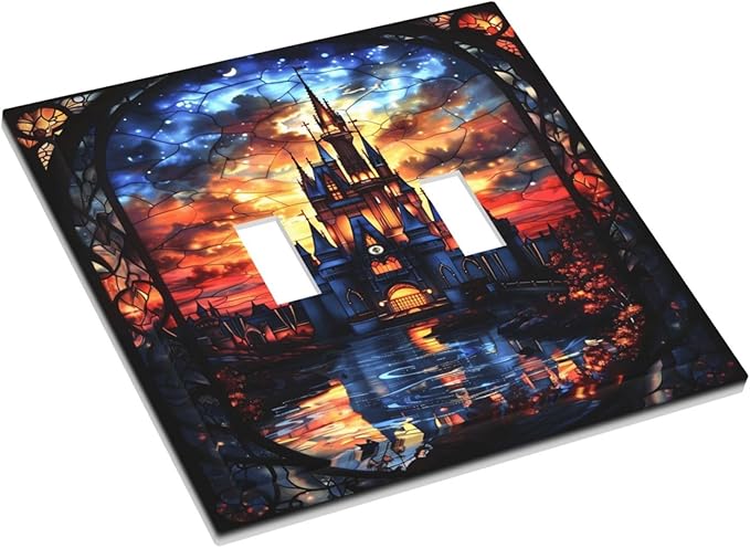Medieval Fantasy Castle Magic Academy Decorative Switch Plates 2 Gang Double Toggle Outlet Light Switch Cover Wall Plate Electrical Faceplate for Kids Room Bedroom Decor