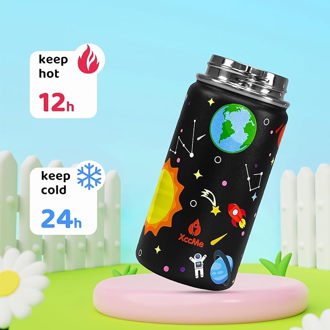 Kids Water Bottle With Straw Lid,14 oz Stainless Steel Travel Bottle,Double Wall Leak Proof Kids Cup,Insulated Tumbler for Toddlers,Metal Bottle for School Boys Girls (Space)