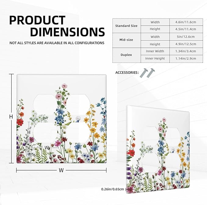 Colorful Wildflowers Plants Floral Decorative Outlet Covers 2-Gang Duplex Light Switch Cover Gfci Wall Plate Covers Electrical Receptacle Switch Plate Cover Plug Faceplate for Bathroom Decor