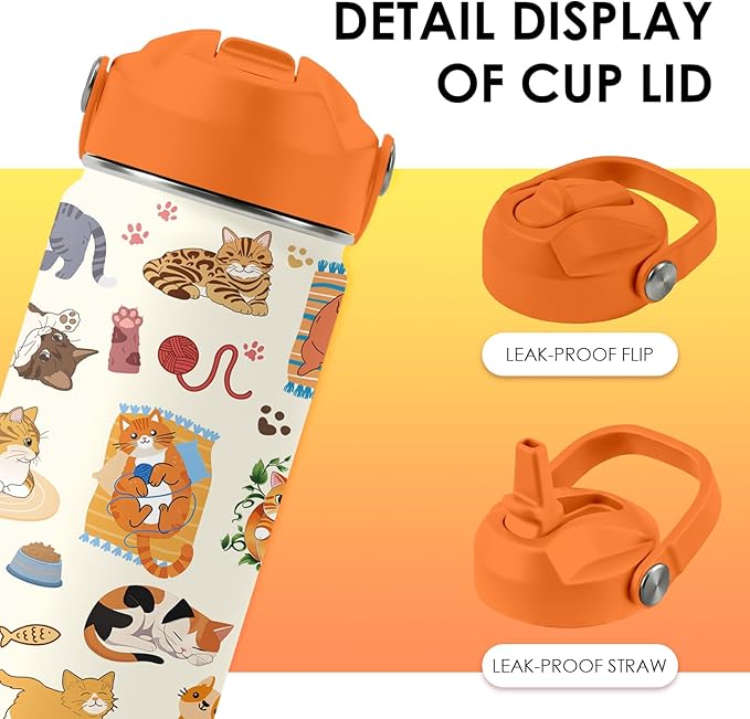 Cat Gifts for Kids - 16 Oz Orange Cat Water Bottle with Straw Lid, Stainless Steel Insulated Tumbler, Leak Proof, for Boys & Girls, School, Travel - Funny Cats Lovers Children Birthday Gifts Cups(1pc)