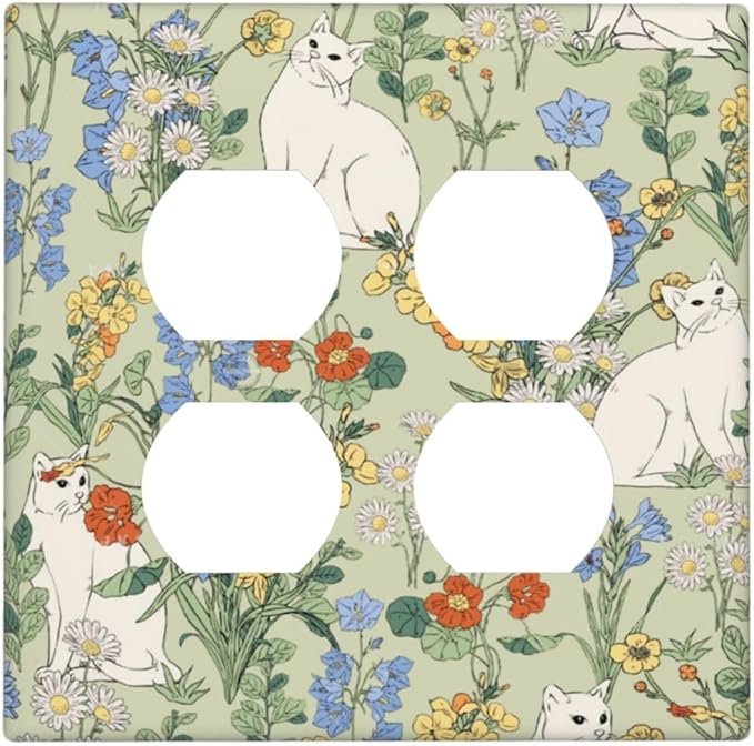 Outlet Covers Vintage Floral Cute Cat Colorful Flowers 2 Gang Double Duplex Decorative Light Switch Covers Electrical Wallplates Socket Faceplate For Bed Room Living Room Decor