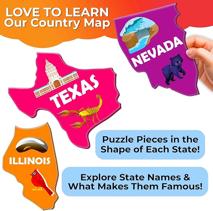 United States Puzzles for Kids Ages 4-6 - 70 Pcs USA Map Kids Puzzle with 50 Cards 400+ USA Facts - State & Capitals Floor Jigsaw Puzzles for Children 6-8 - Educational Toys Gift for Boys Girls