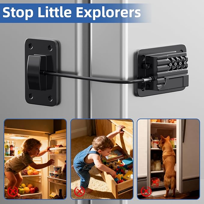 RORMGO Refrigerator Lock, Heavy Duty Fridge Locks for Kids, Freezer Lock with Combination for Refrigerator Drawer Cabinet Safety, Easy to Install No Keys Needed Black, 2 Packs