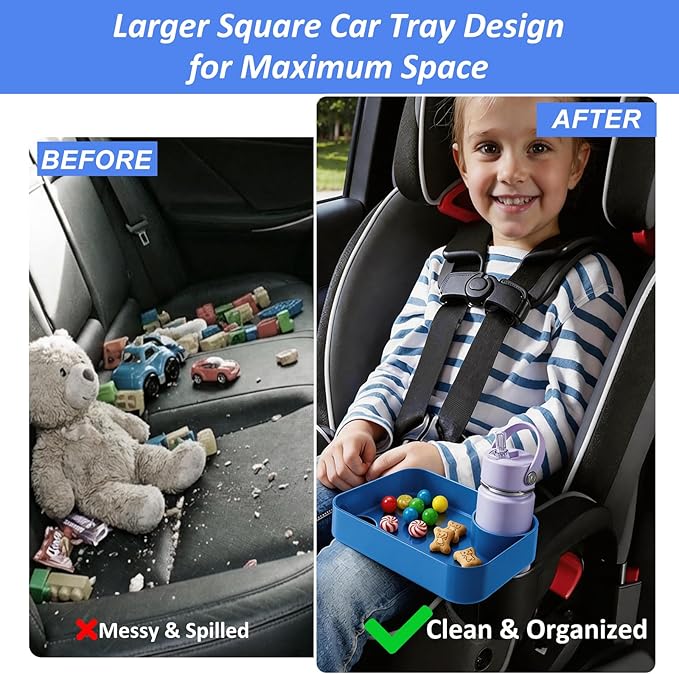 Car Seat Snack Tray for Kids, Mess-Free Square Travel Tray Cup Holder Snack Tray, Durable Car Food Tray for Toddlers, Universal Fit Kids Travel Road Trip Essentials (blue)