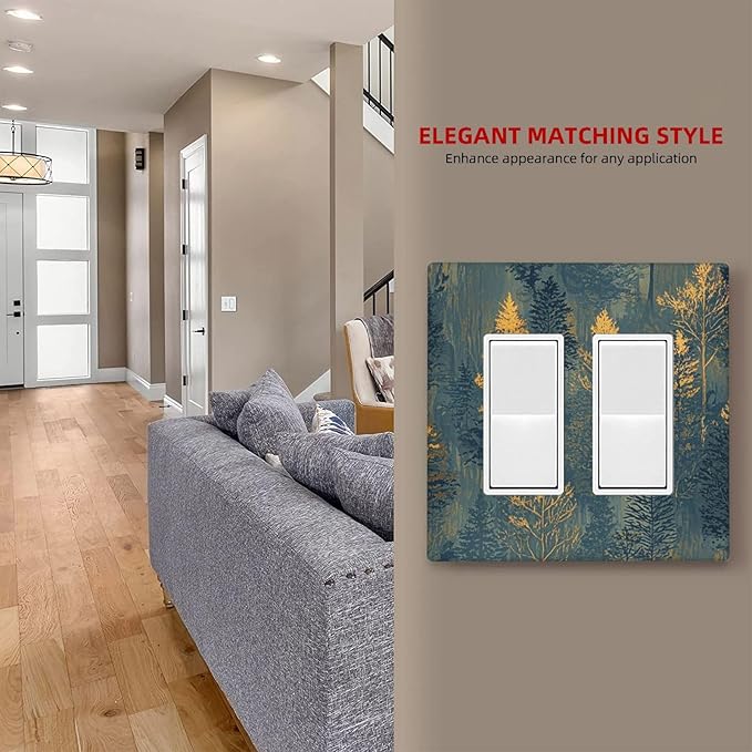 Decorative Outlet Covers with Golden Trees & Abstract Gradient Forest Landscape Design 2 Gang Wall Plate Double Rocker Light Switch Cover Switch Plate Cover for Blue Retro Home Decor