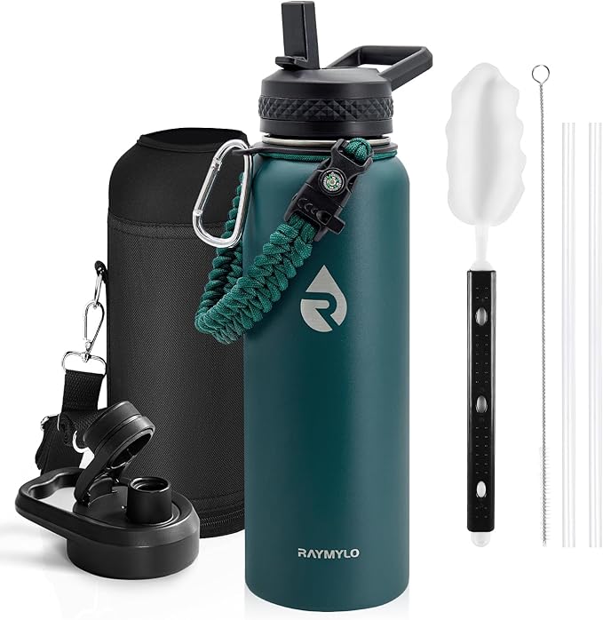 RAYMYLO Insulated Water Bottle 40 oz, Triple Wall Vacuum Stainless Steel (Cold for 36Hrs, Hot for 18Hrs), Leak Proof & Non-BPA, Modern Water Flask Jug with Paracord Handle & Straw Spout Lids
