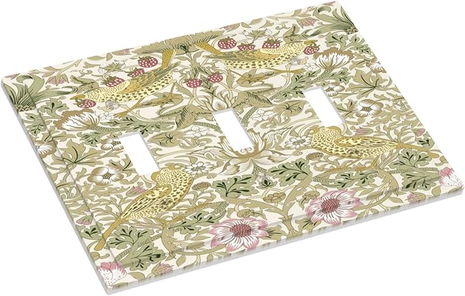 William Morris Vintage Strawberry Bird Botanical Decorative Switch Plates 3 Gang Wall Plate Triple Toggle Light Switch Cover Faceplate Electrical Wall Panels for Farmhouse Home Decor