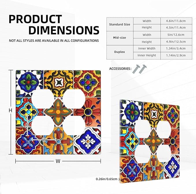 Vintage Colorful Boho Mexican Moroccan Tile Outlet Covers 2 Gang Double Duplex Decorative Light Switch Covers Electrical Wallplates Socket Faceplate for Farmhouse Home Decor