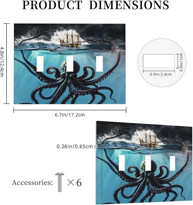 Light Switch Cover Plate Black Ocean Nautical Octopus Ship Funny Kraken 3 Gang Switch Plate Covers Triple Toggle Decorative Wall Plates Electrical Faceplate for Bathroom Home Decor
