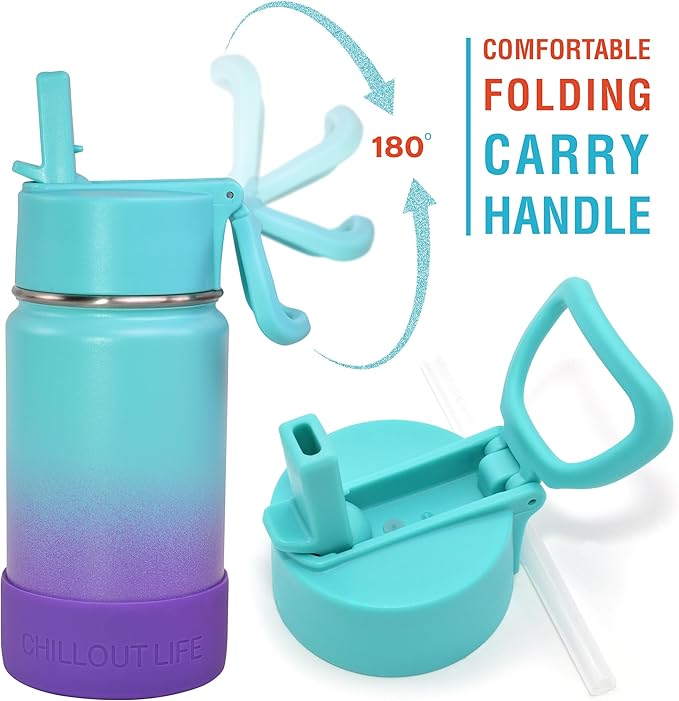 CHILLOUT LIFE 12 oz Kids Insulated Water Bottle for School with Straw Lid Leakproof and Cute Waterproof Stickers, Personalized Stainless Steel Thermos Flask Metal Water Bottle for Girls & Boys