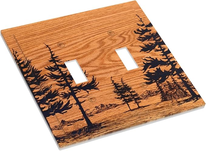 Pine Forest Natural Scenery Silhouette Wood Grain Decorative Switch Plates 2 Gang Double Toggle Outlet Light Switch Cover Wall Plate Electrical Faceplate for Farmhouse Home Decor