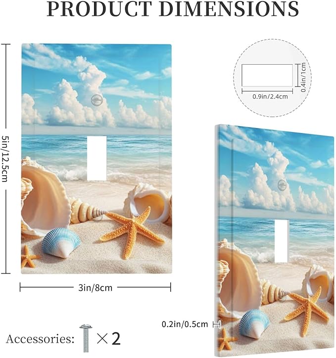 Beach Coastal Seashore Sea Starfish Shell Sand Decorative Light Switch Cover 1 Gang Single Toggle Device Electrical Faceplate Switchplates Decorator Outlet Wall Plate for Bathroom Home Decor