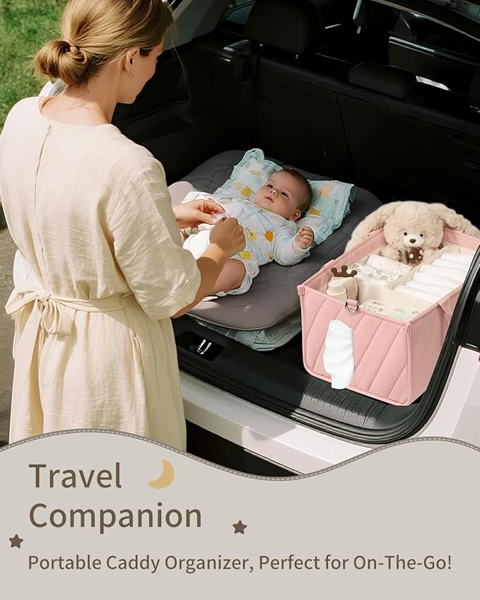 Pink Diaper Caddy Organizer – Portable Storage Basket with Shoulder Strap & Stroller Hooks, Splashproof Quilted Nursery & Car Tote for Baby Girl Shower Gift, Baby Registry, Blush Pink