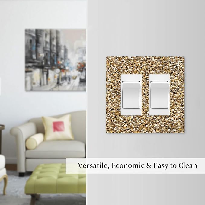 Decorative Outlet Covers Gold Glitter Sequins 2 Gang Double Rocker Light Switch Cover Plate Electrical Switch Plate Cover Decorate GFCI Wall Plate for Bedroom Cabin Decor