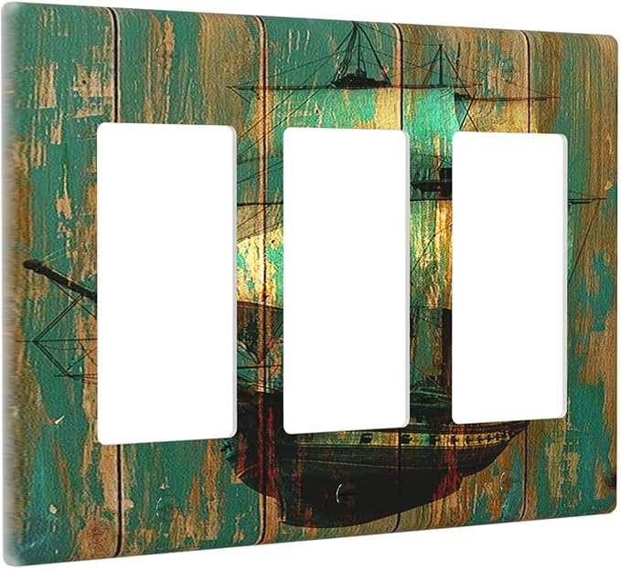Light Switch Covers Rustic Green Wood Grain Sailboat 3 Gang Rocker Electrical GFCI Decorative Triple Outlet Wall Plate Cover Switchplate for Farmhouse Bedroom Decor